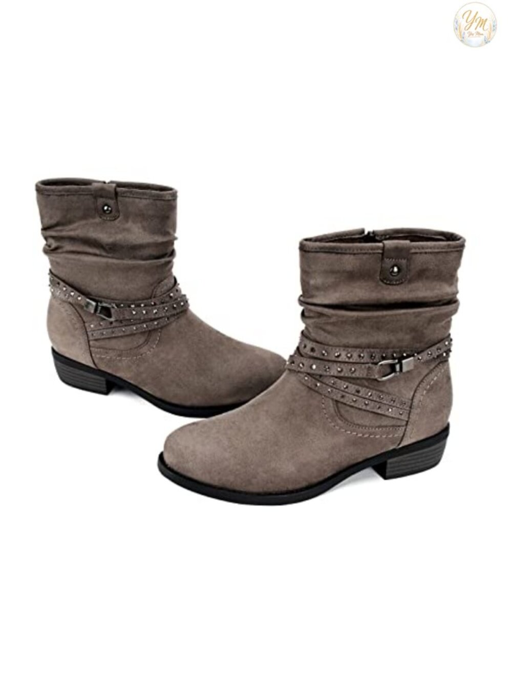 Women's Mid Calf Slouchy Bootie Round Toe Low Heel Faux Suede Side Zipper